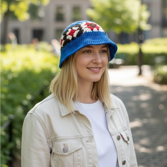 Handmade Accessories - Handmade Crochet Beanie Blue Granny Square Hat